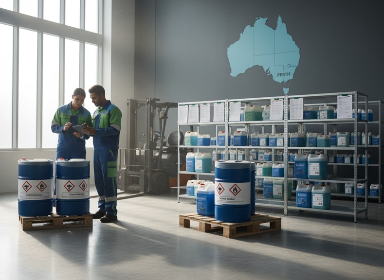 Warehouse scene: Workers check "WesKleen Supplies" chemical stock in Perth, Australia. Shelves, drums, forklift.