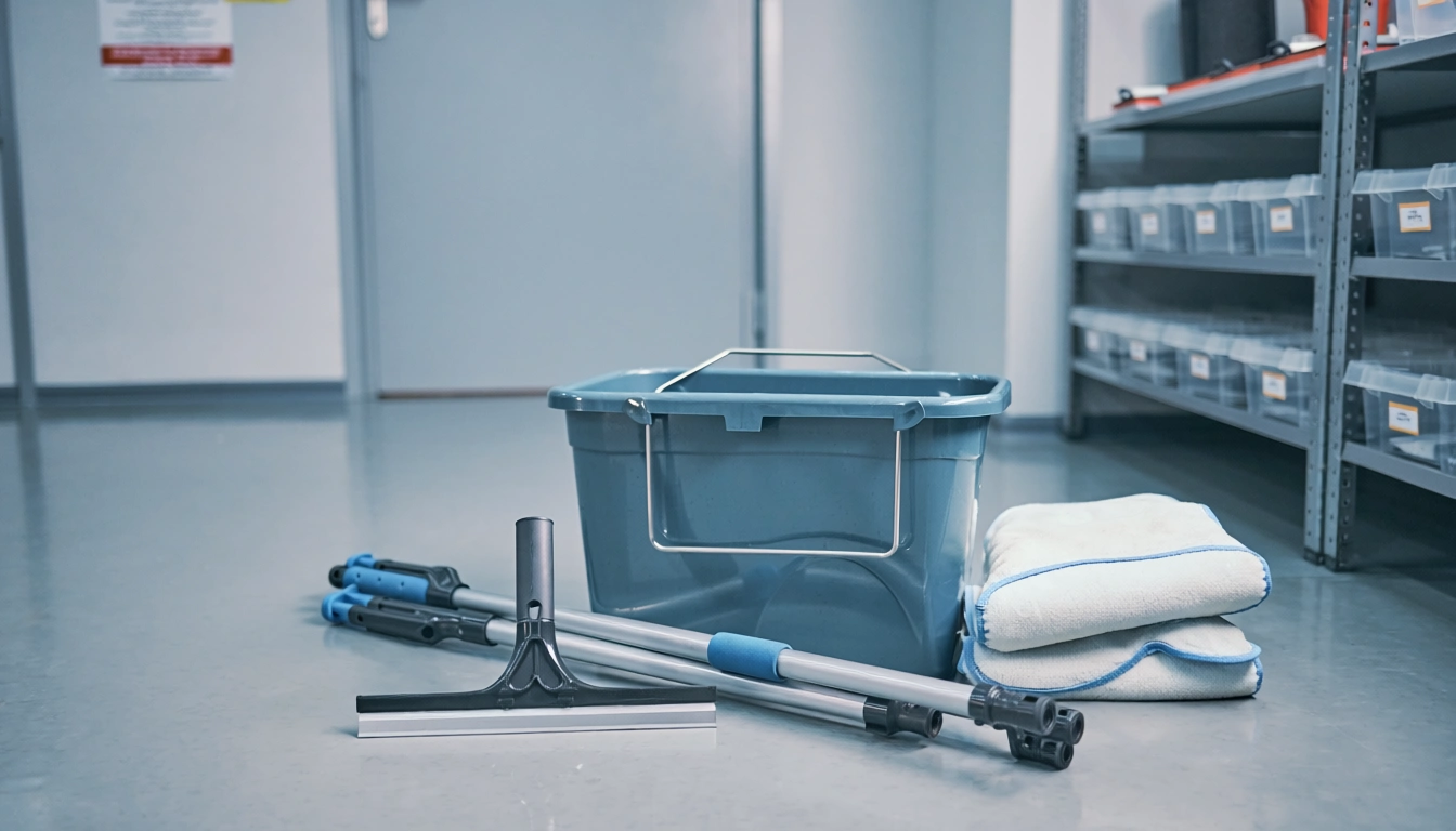 Cleaning trolley with mop handles, bucket and folded cloths
