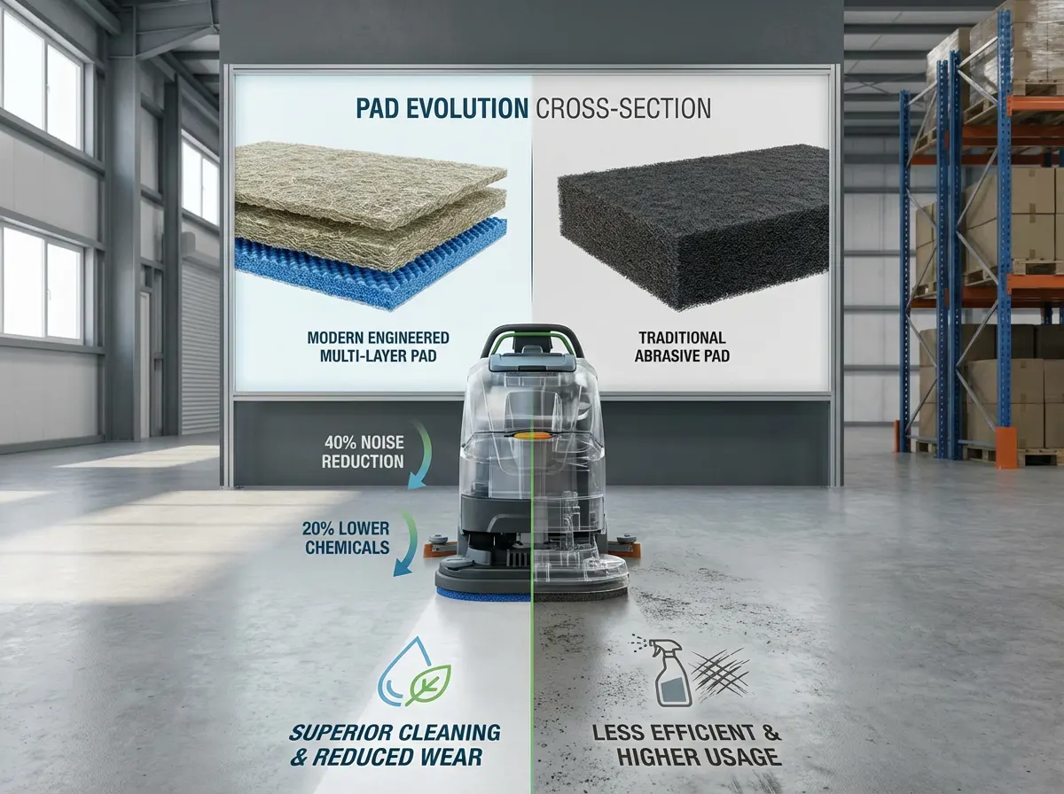 Infographic comparing layered cleaning pads and a floor-cleaning machine