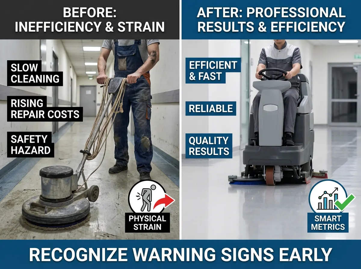 Before-and-after comparison of floor cleaning. Left: manual buffer with "Physical Strain" label. Right: ride-on scrubber with "Efficient & Fast" and "Smart Metrics" labels.