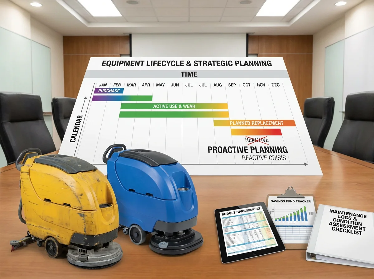 Two ride-on floor scrubbers beside an equipment maintenance planning chart