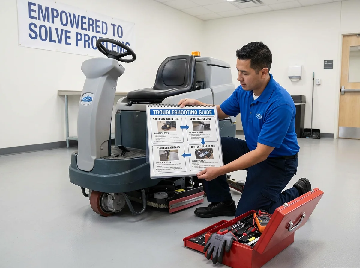 Technician servicing a ride-on floor scrubber beside an open toolbox