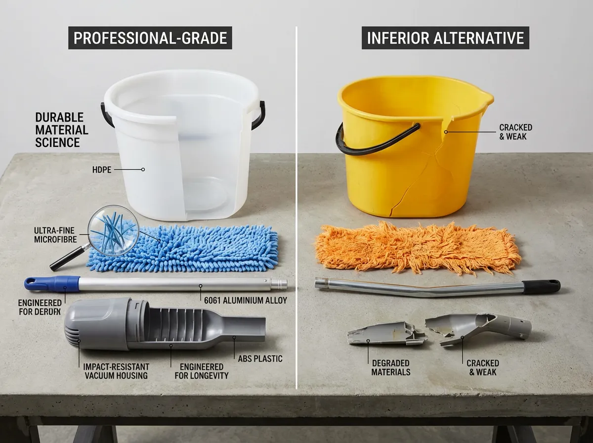 Comparison infographic of white and yellow mop buckets, mop heads and handles