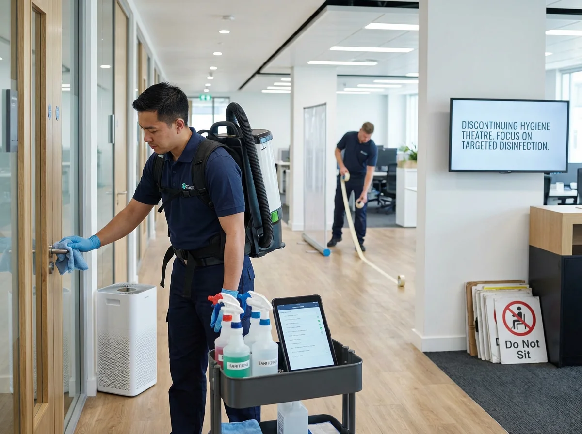 Cleaner restocking a cleaning trolley in an office corridor