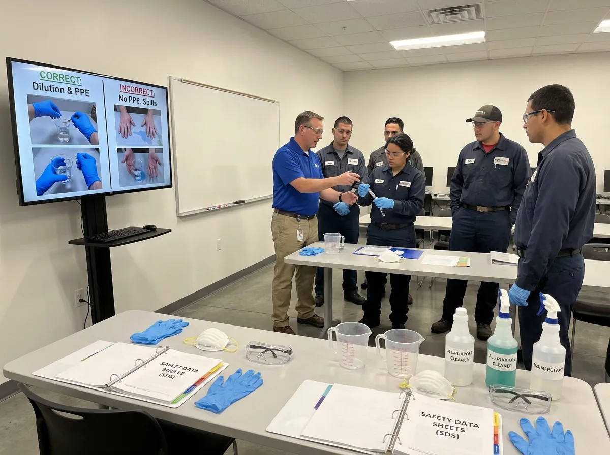 Group receiving a cleaning demonstration beside a display table