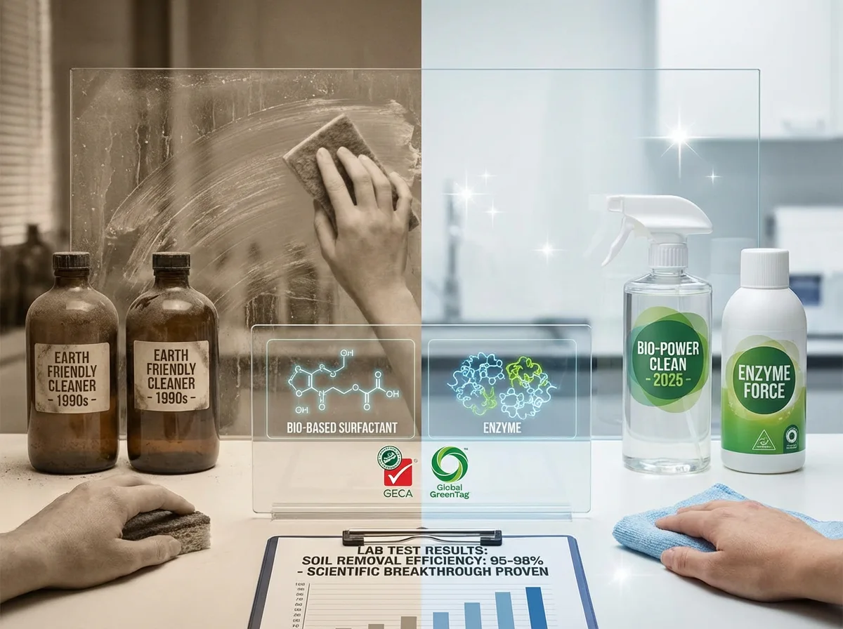 Infographic of plant-based cleaning products and a hand wiping a surface