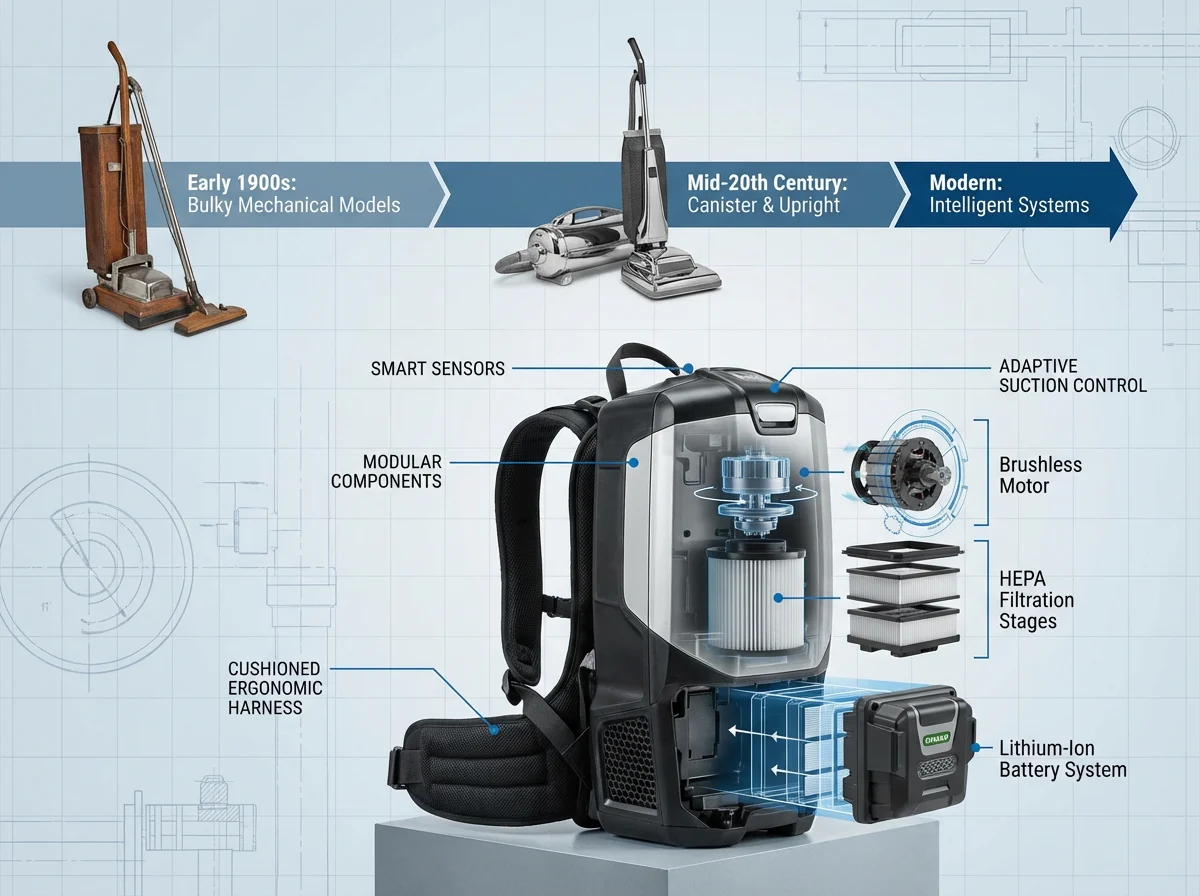 Infographic showing the development of a backpack vacuum cleaner