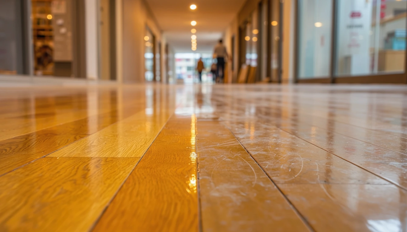 Polished wooden floor in a hotel corridor