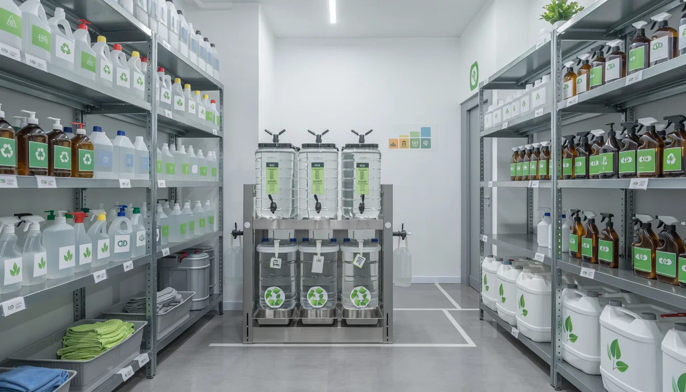 Shelves of cleaning products and refill dispensers in a storeroom