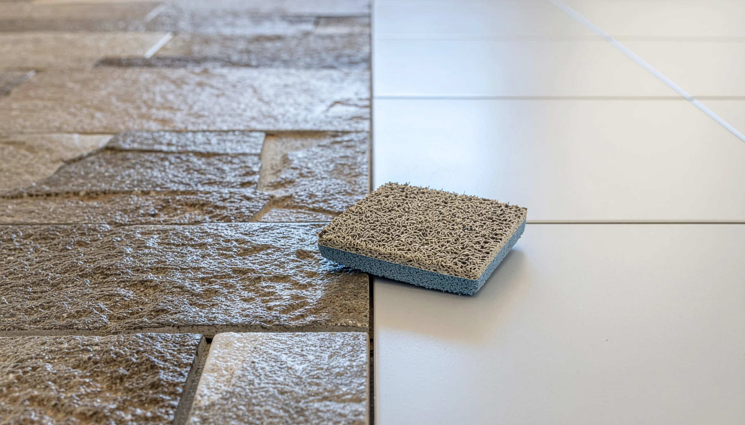 Floor-cleaning pad positioned between dirty stone tiles and clean white tiles