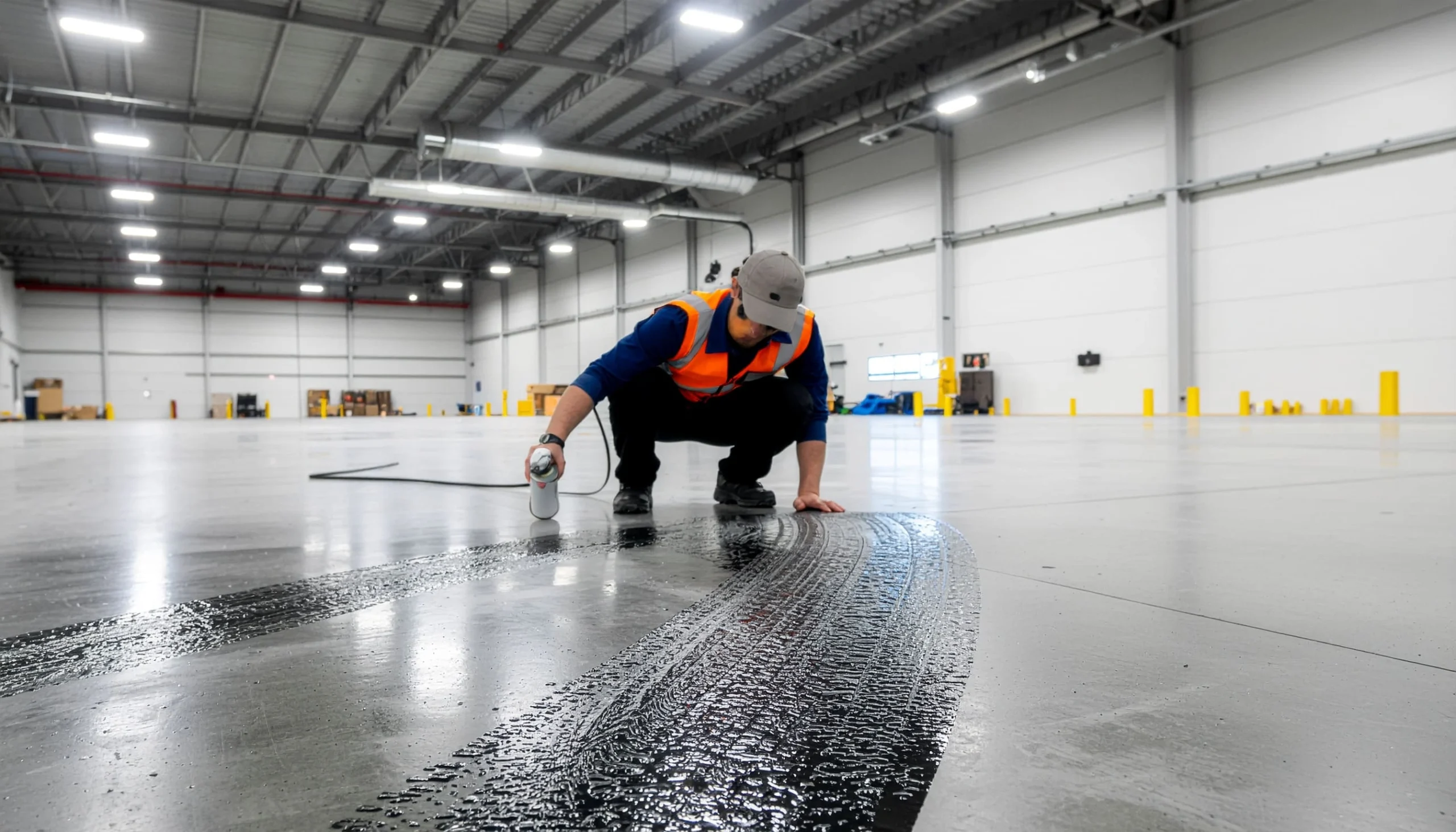 Worker using a floor-cleaning machine in a warehouse