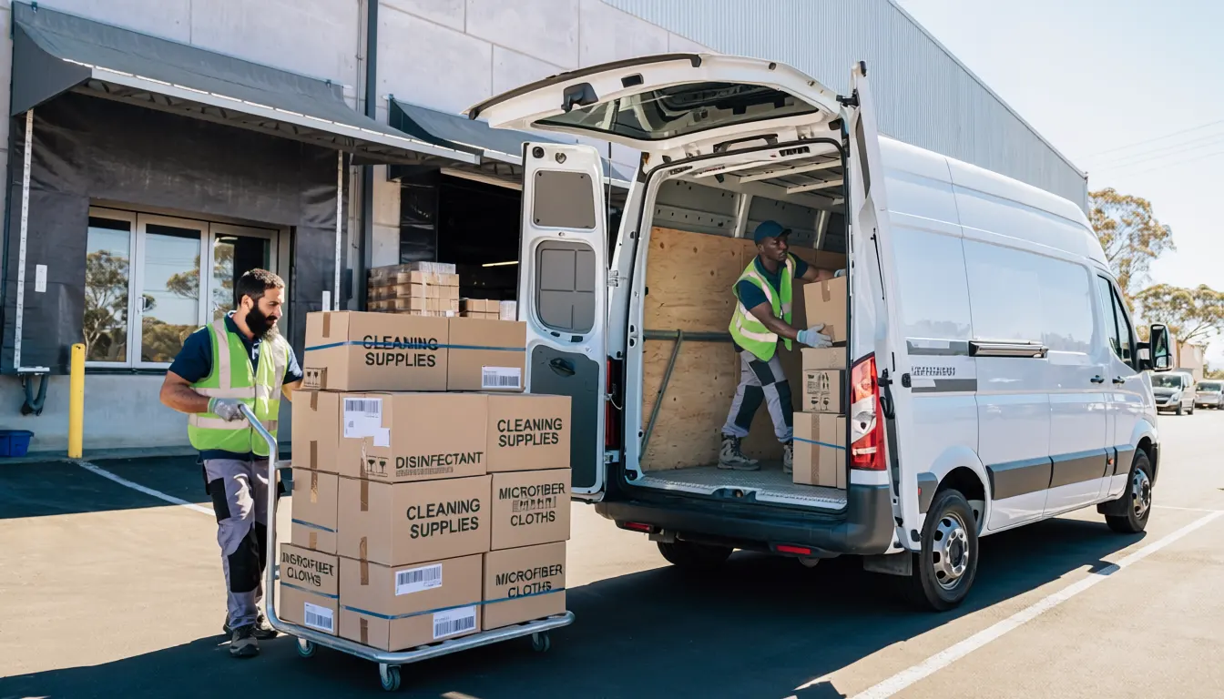 Delivery worker unloading boxed supplies from a van
