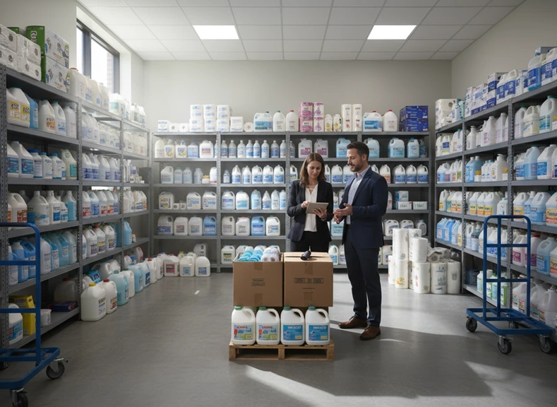 Two staff members standing beside boxed cleaning supplies in a warehouse aisle