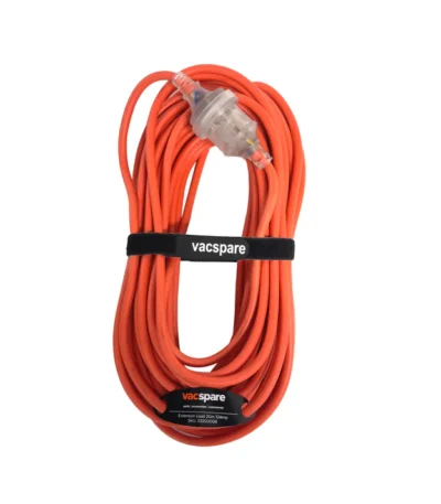 Coiled orange extension lead secured with a black strap